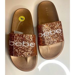 Bebe slides with rose gold sparkles size 9